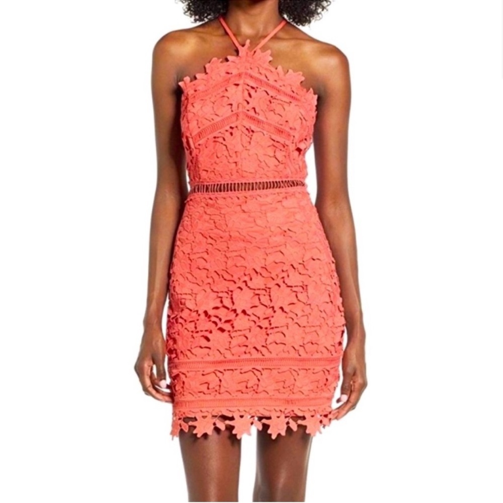 ASTR Coral Lace Halter Mini Dress